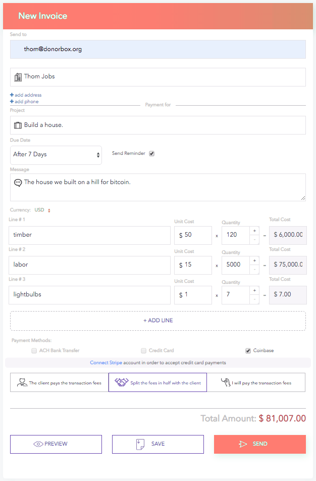 Invoice in cryptocurrency